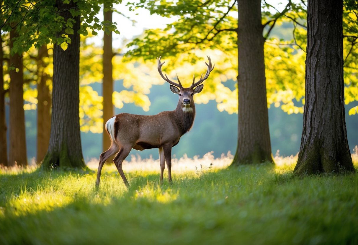 A stag standing in a lush forest clearing, surrounded by tall trees and dappled sunlight filtering through the leaves