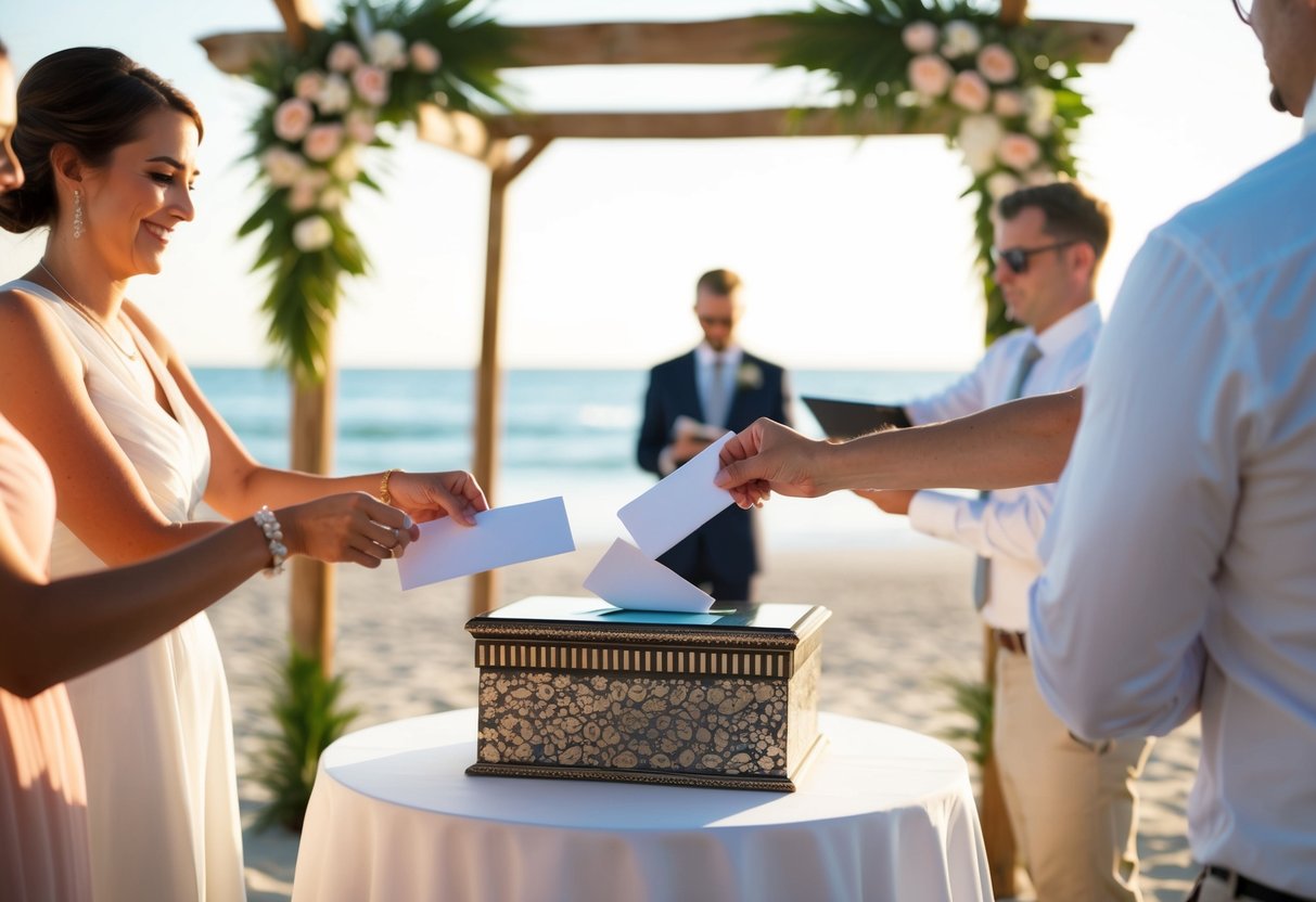A beautiful beach setting with a wedding altar and guests placing envelopes into a decorative box