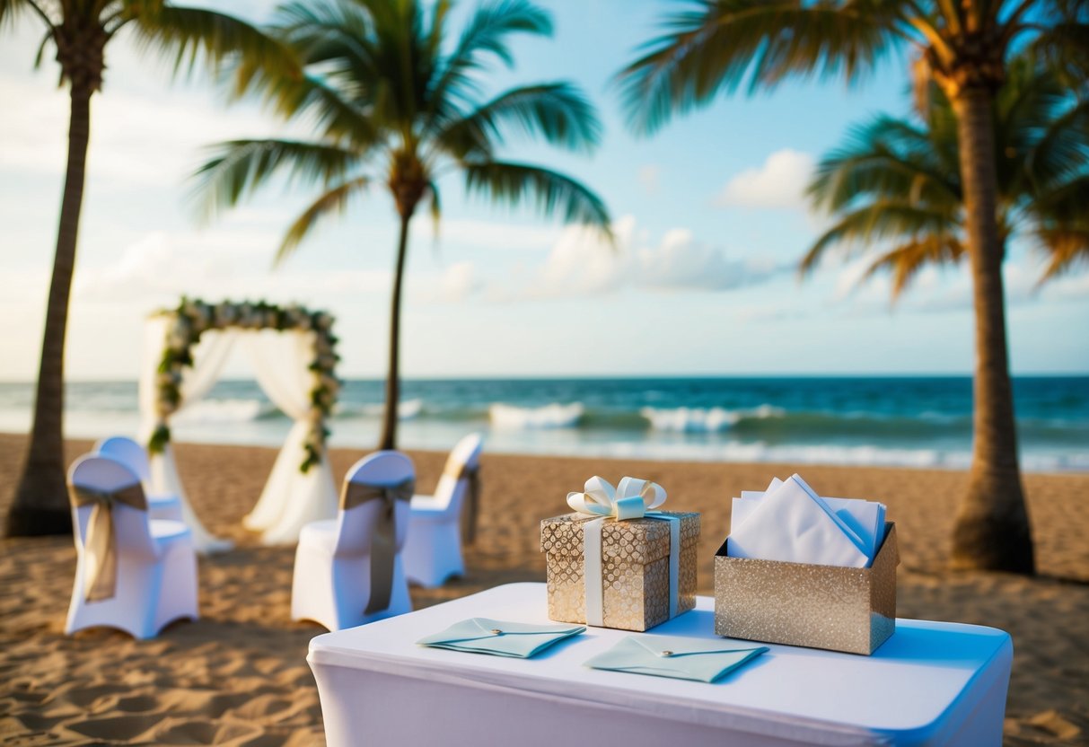 A beach with a wedding setup, surrounded by palm trees and ocean waves in the background. A gift table with envelopes and a decorative box