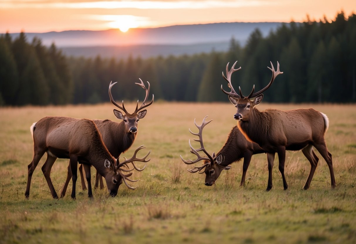 A group of stags grazing in a peaceful meadow, with a majestic forest in the background and a serene sunset casting a warm glow over the scene