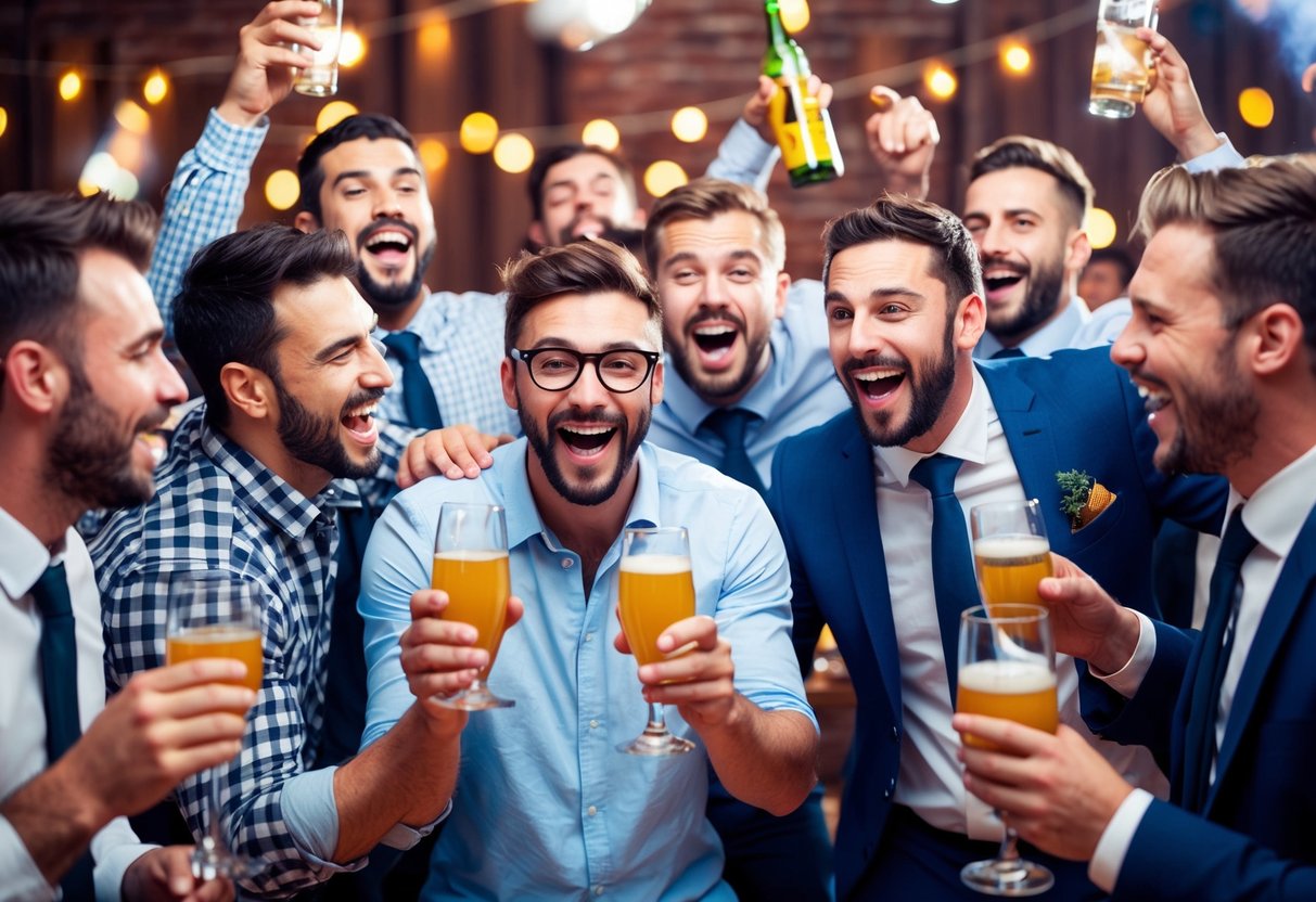 A group of men celebrating at a rowdy stag party, with drinks, laughter, and a sense of mischief in the air