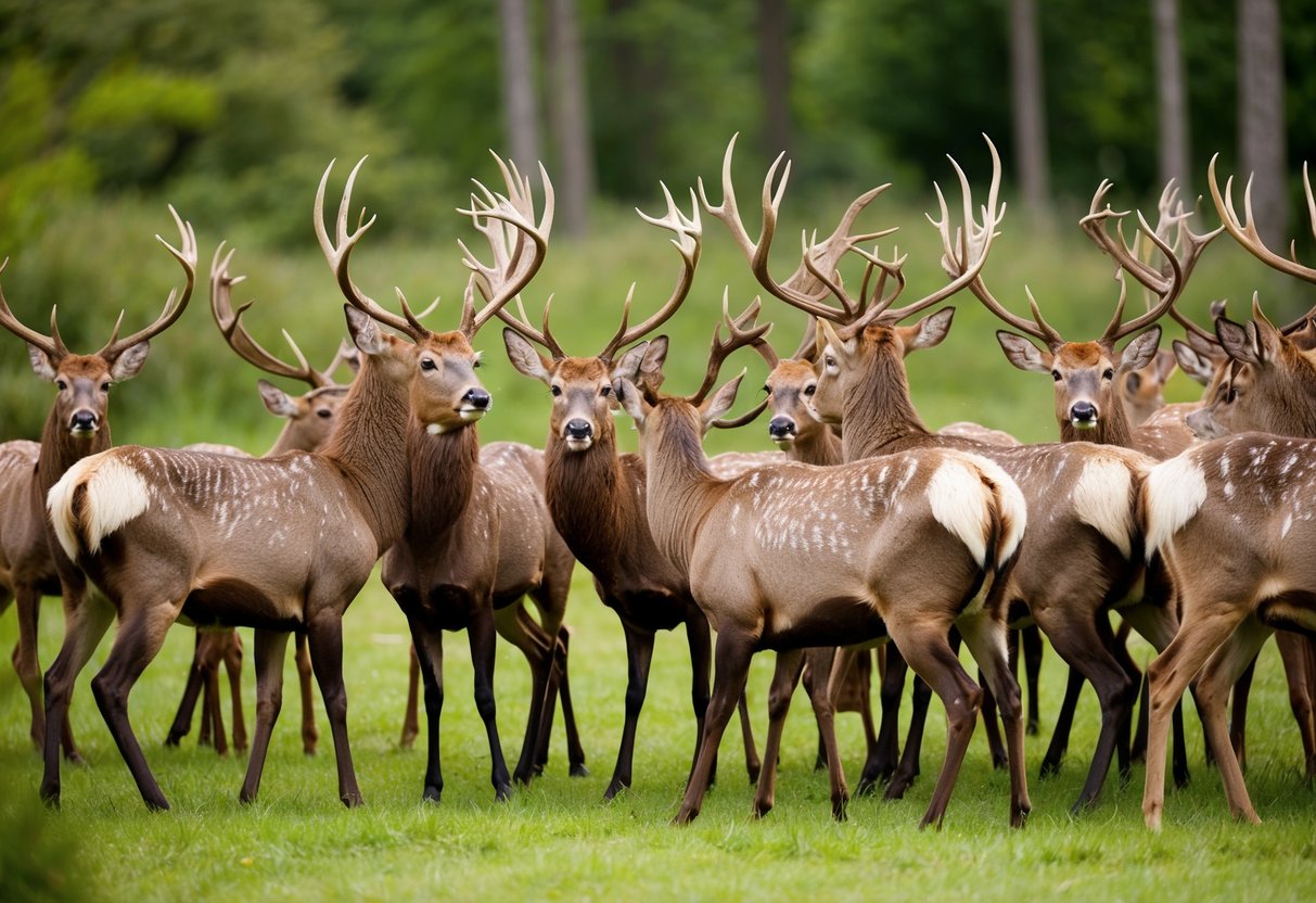 A group of 20 stag deer gather in a lush forest clearing, their antlers raised proudly as they engage in playful sparring and boisterous behavior