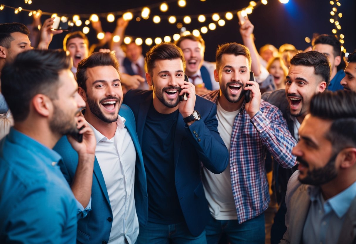 A group of men celebrating at a rowdy stag night, with one man sneaking away to make a suspicious phone call