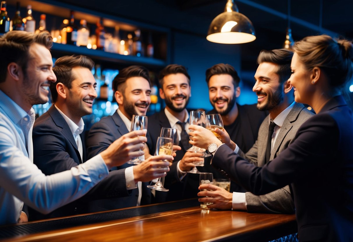 A dimly lit bar with a group of men celebrating, clinking glasses and laughing, while one man discreetly exchanges contact information with a woman at the other end of the bar