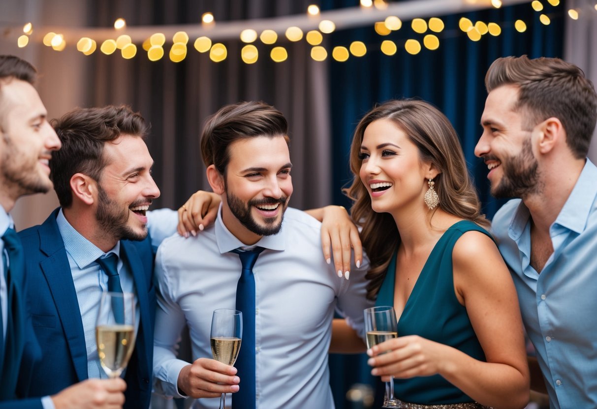 A group of men celebrating at a bachelor party, with one man sneaking away to flirt with another woman