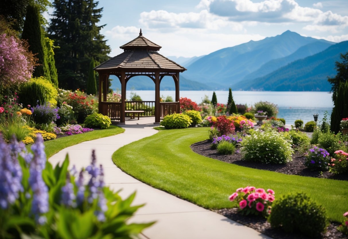 A scenic outdoor garden with blooming flowers, a gazebo, and a winding path leading to a picturesque view of a lake or mountains