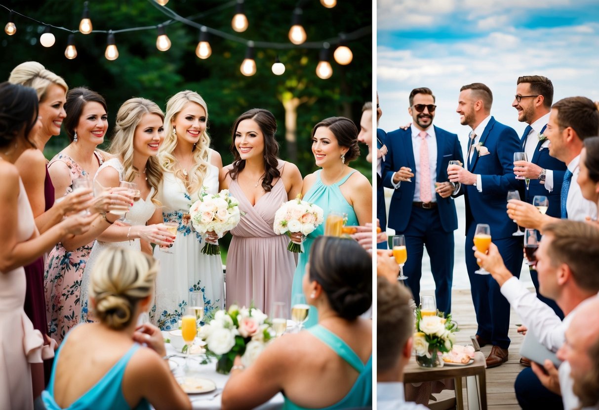 A group of women gather for a bridal shower, while a group of men celebrate at a bachelor party