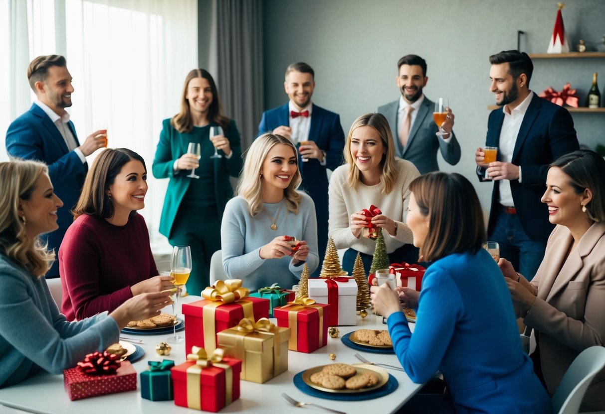 A group of women gather around a table with decorations and gifts, while a group of men celebrate with drinks and games in a separate location