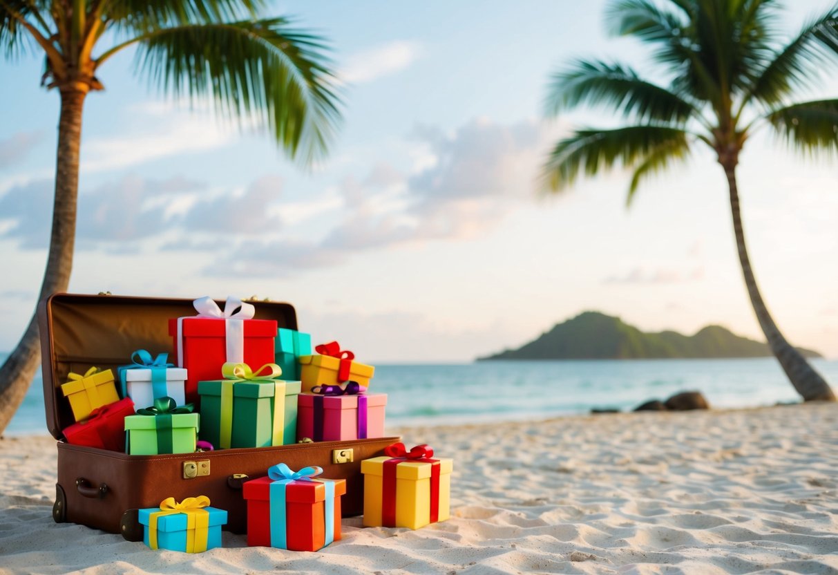 A beach setting with a suitcase filled with gifts, surrounded by palm trees and a tropical landscape