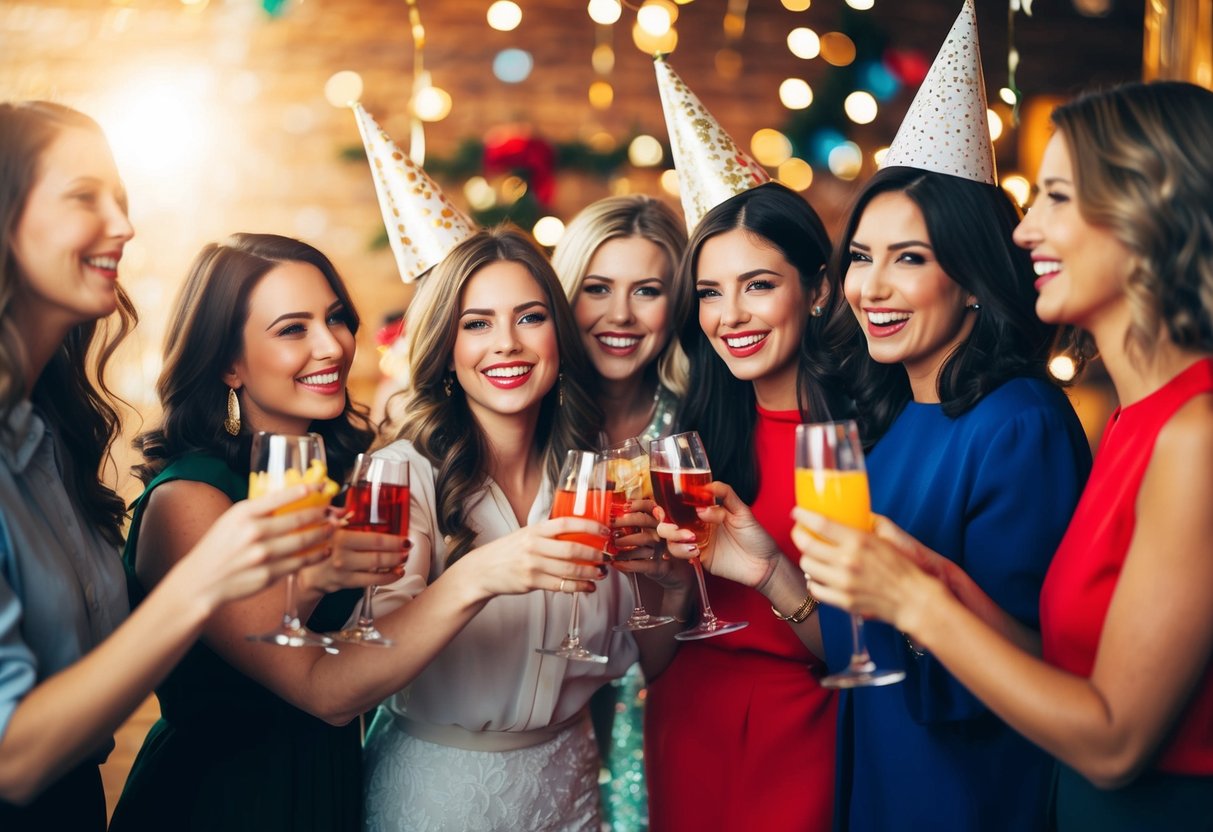 A group of women celebrating with drinks and decorations in a lively and festive atmosphere
