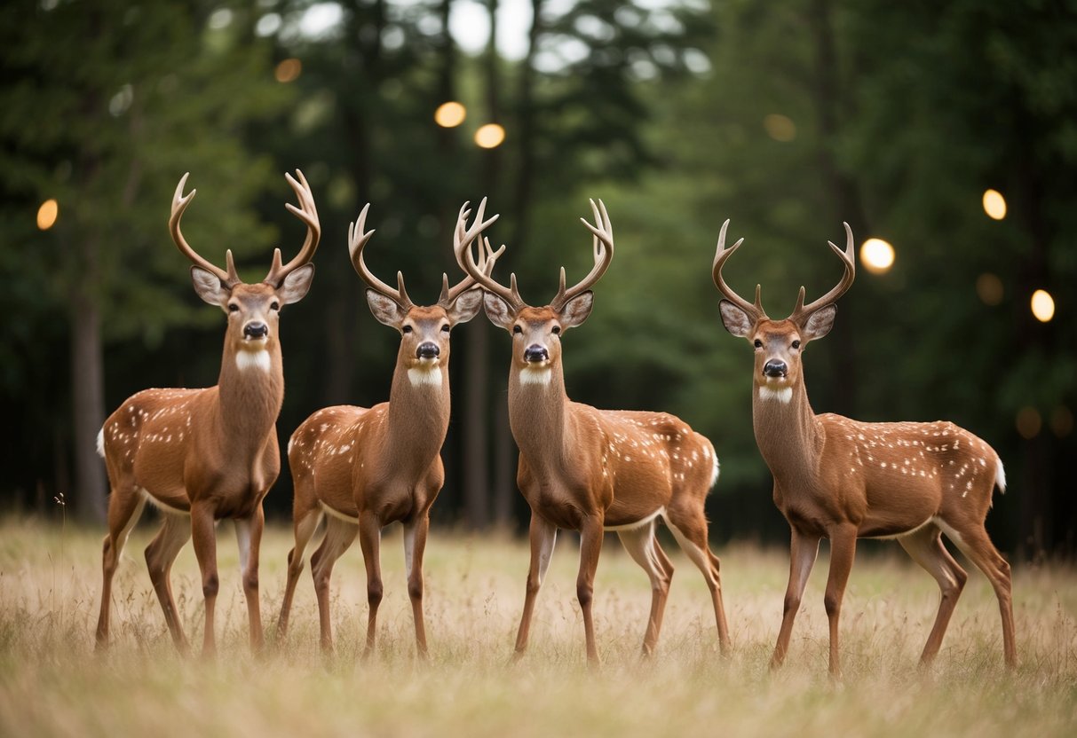 A group of male deer celebrating in a forest clearing