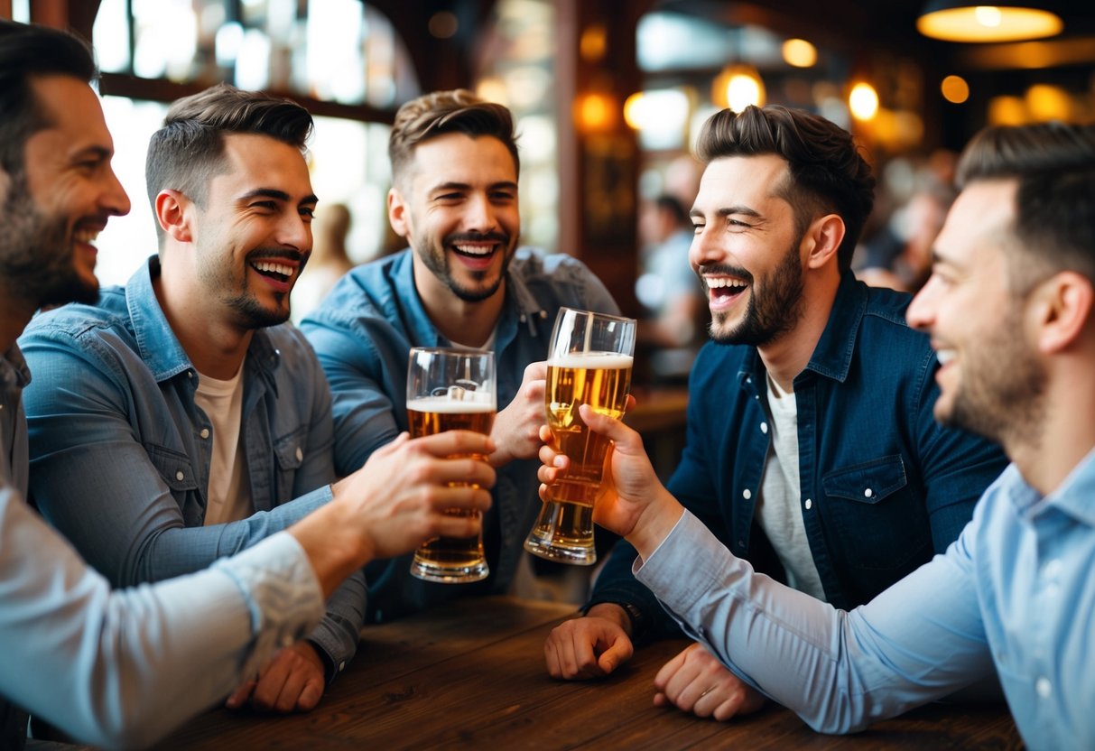 A group of men celebrating, drinking, and laughing at a pub or bar