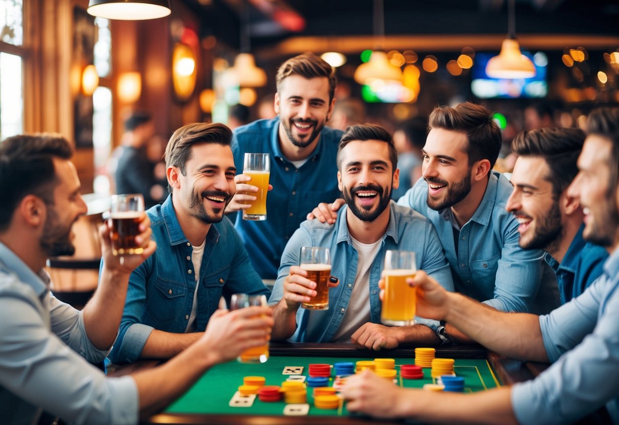 A group of men celebrating with drinks, games, and laughter at a lively bar or pub