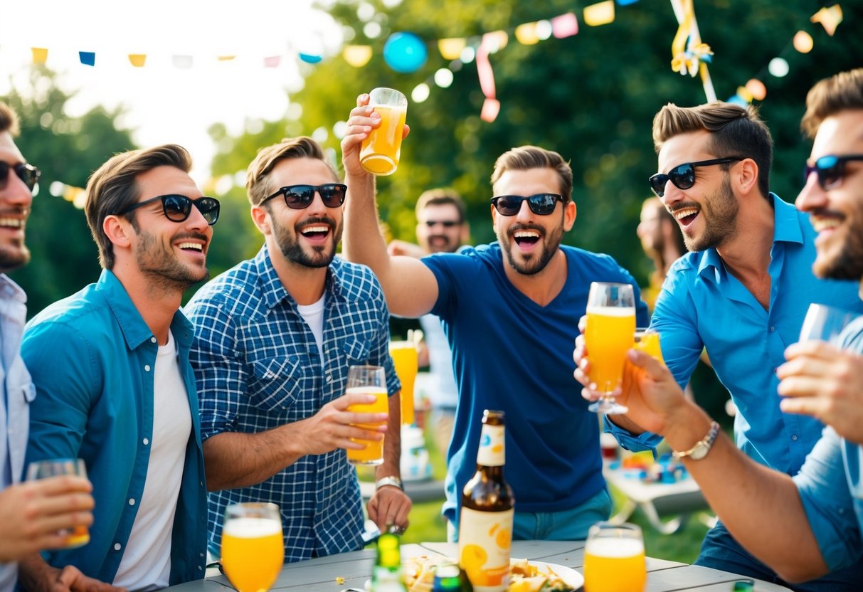 A group of men celebrating, drinking, and participating in outdoor activities at a lively bachelor party