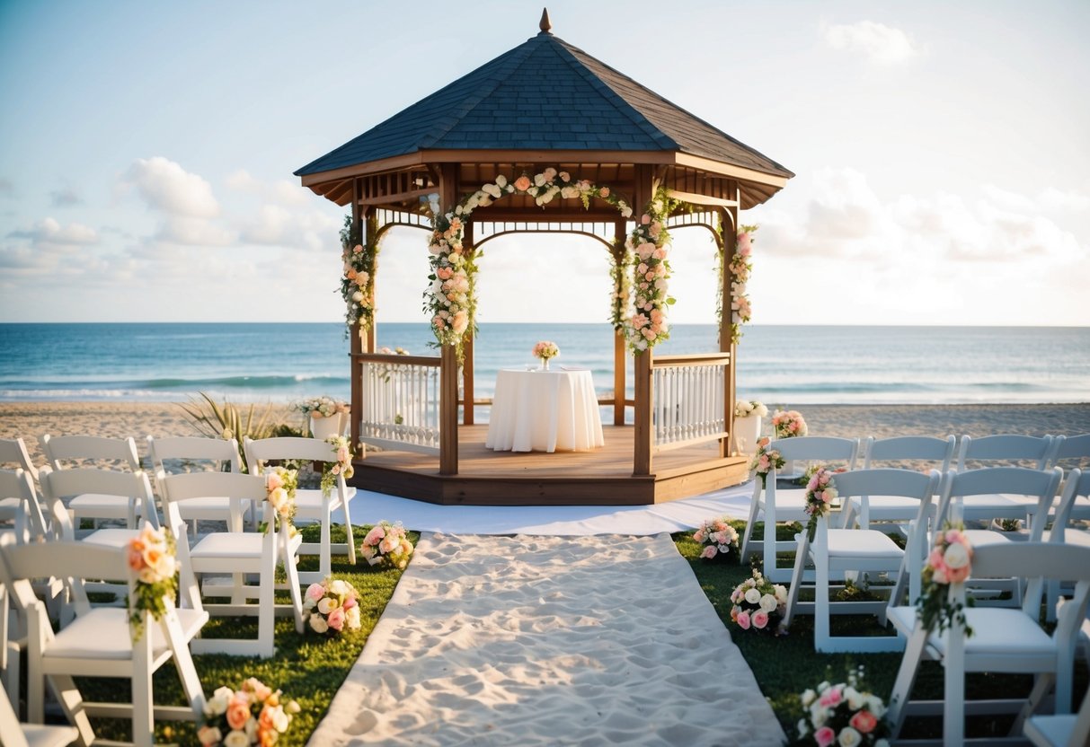 A picturesque beach setting with a gazebo adorned with flowers and seating for around 50 guests, overlooking the ocean