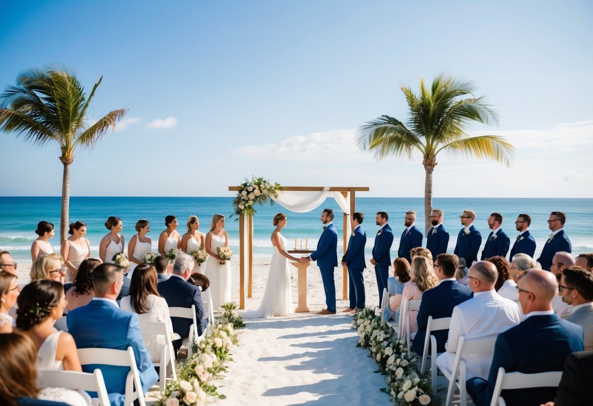 A beach wedding with a small group of guests gathered around a simple, elegant altar overlooking the ocean. Palm trees and clear blue skies complete the picturesque setting
