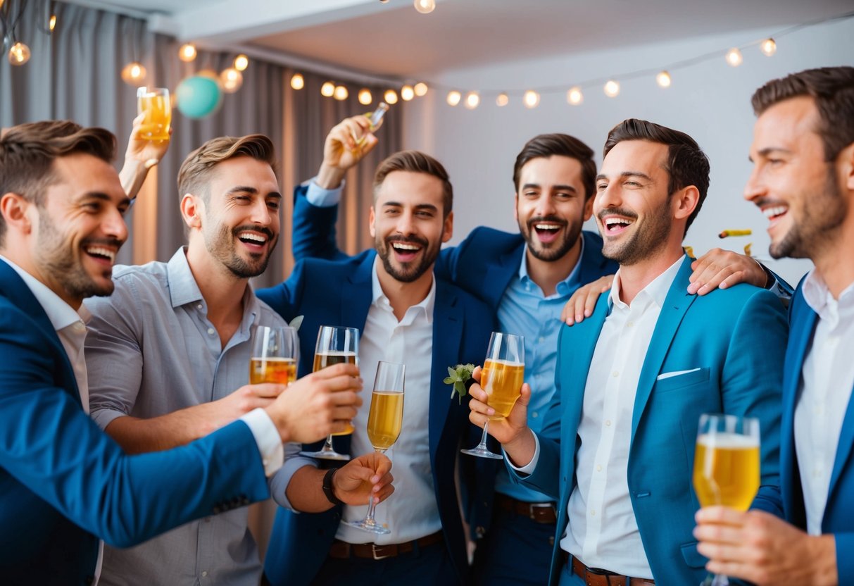 A group of men celebrating at a bachelor party, with drinks, music, and laughter