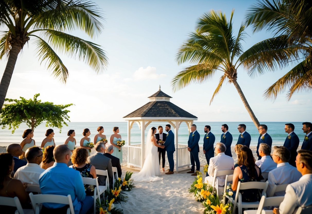 A beach ceremony with a gazebo overlooking the ocean, surrounded by palm trees and tropical flowers. A small group of guests gather to witness the wedding