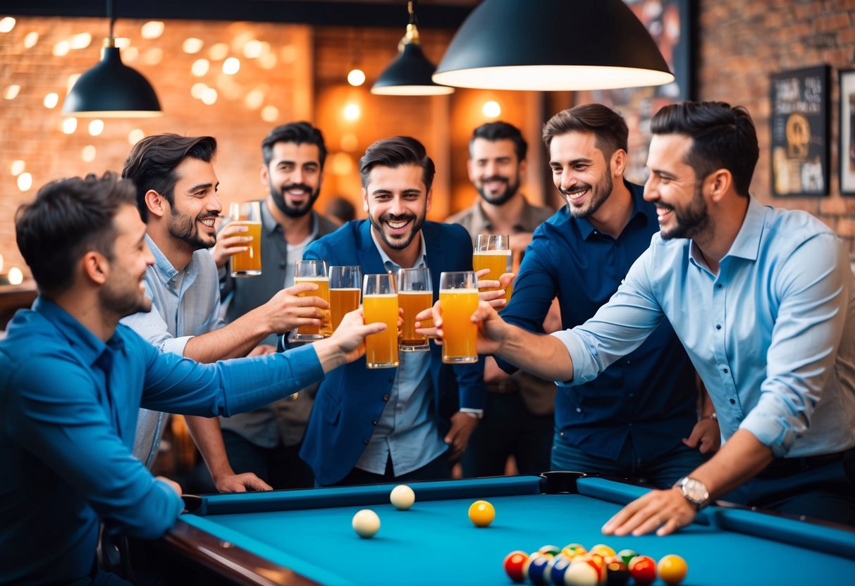 A group of men laughing and toasting drinks in a lively bar, while others play pool and share stories