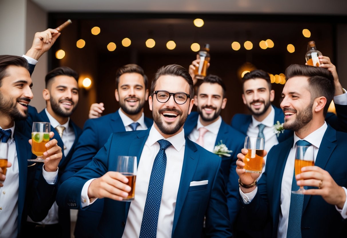 A group of suited men celebrating with drinks and cigars at a bachelor party