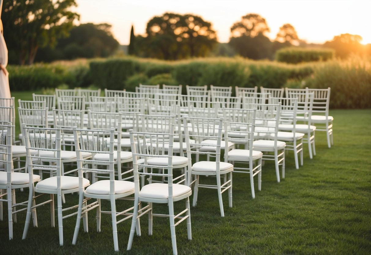 A picturesque outdoor wedding venue with rows of empty chairs set up for a destination wedding. The setting sun casts a warm glow over the scene