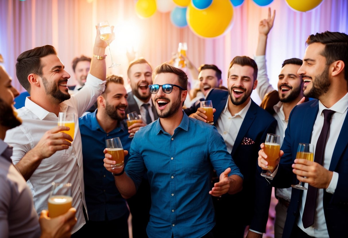 A group of men celebrate at a lively bachelor party, with drinks, music, and laughter filling the air