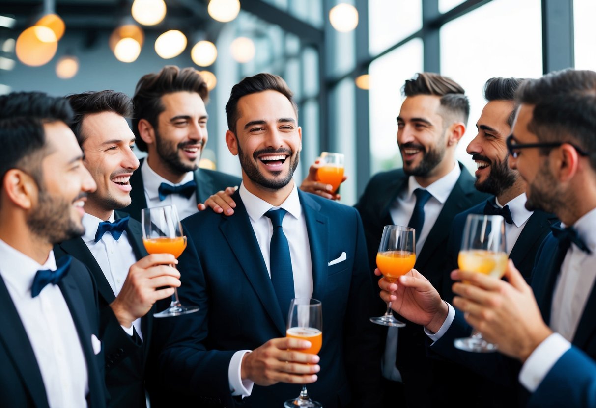 A group of men in formal attire celebrating with drinks and laughter