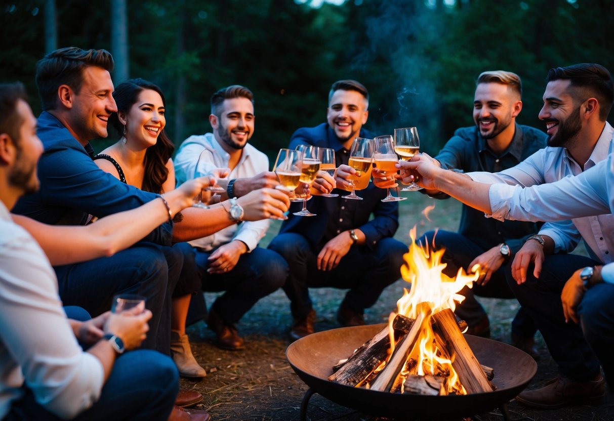 A group of friends gather around a campfire, toasting to the groom-to-be. Laughter fills the air as they share stories and enjoy the evening