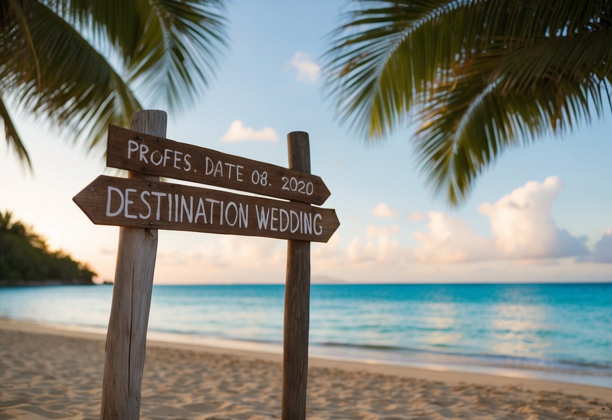 A tropical beach with a rustic wooden signpost indicating the date of the destination wedding