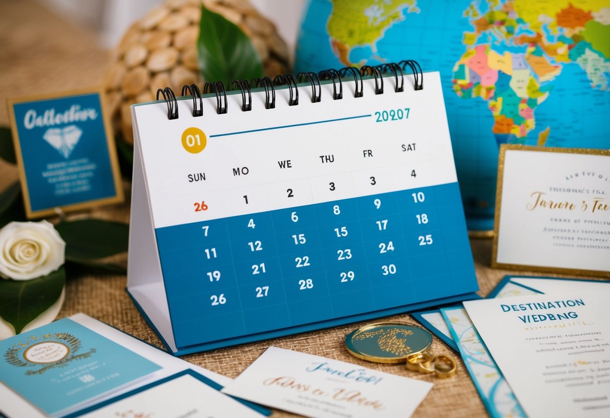 A calendar with a highlighted date, surrounded by travel-themed decor and destination wedding invitations