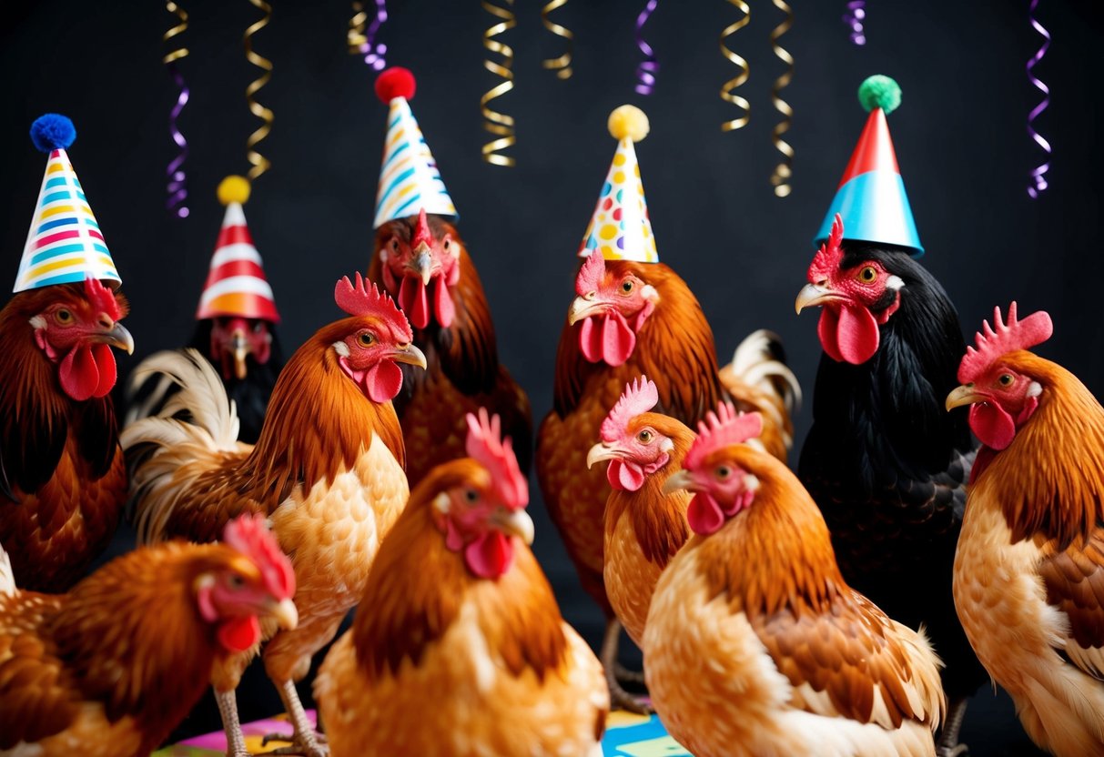 A group of roosters gathered around a table with party hats and streamers, clucking and crowing in celebration