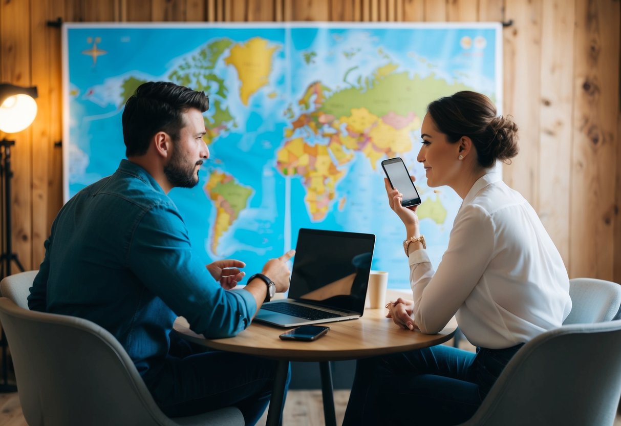 A couple sits at a table with a map, laptop, and phone, discussing travel plans and accommodation options for a destination wedding