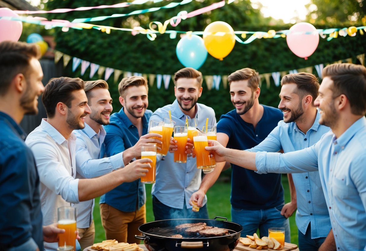 A group of men gathered around a barbecue, laughing and toasting drinks in a backyard decorated with streamers and balloons