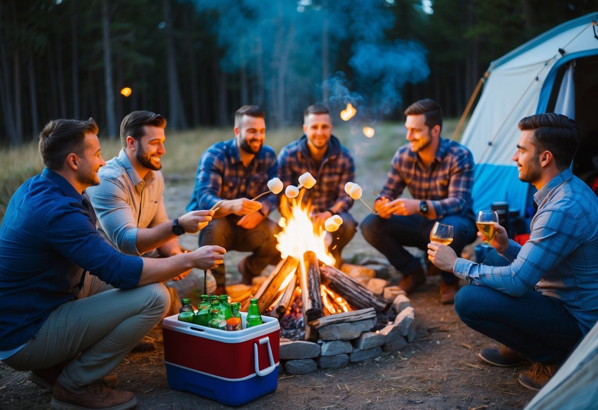 A group of men gather around a campfire, roasting marshmallows and sharing stories. A pile of camping gear and a cooler full of drinks sit nearby