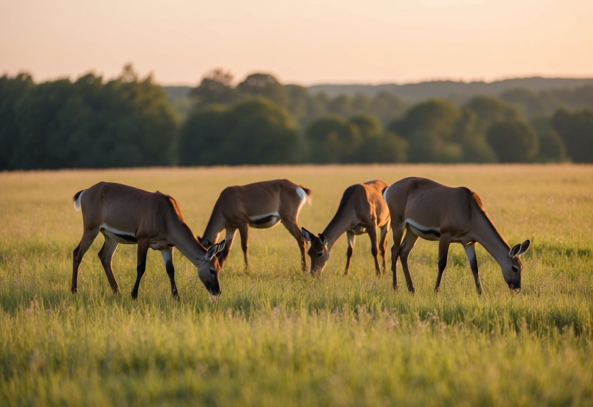 A serene meadow with a group of elegant does peacefully grazing under a soft sunset