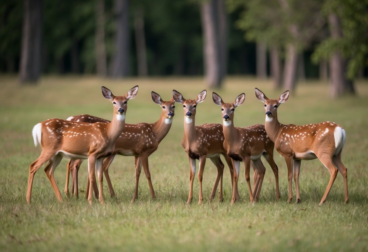 A serene gathering of female deer in a tranquil forest clearing