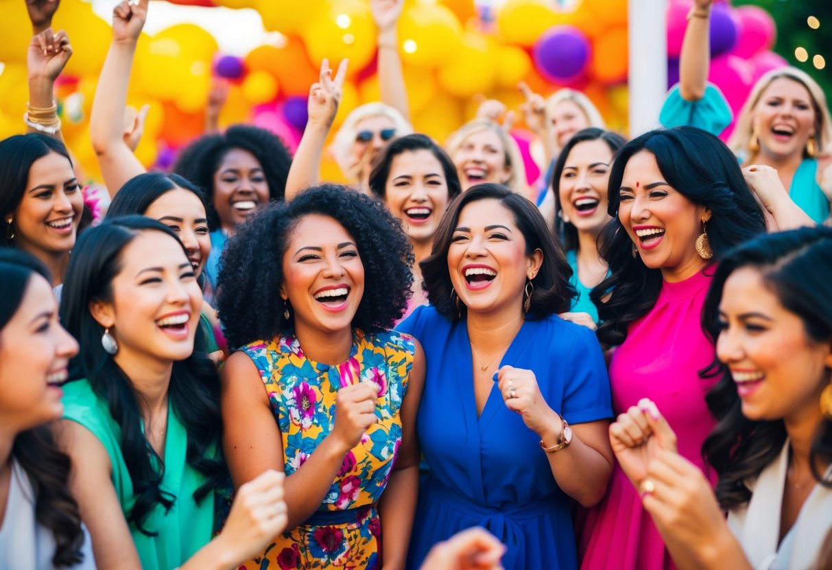 A group of women gathered in a vibrant and colorful setting, laughing and celebrating with music, dancing, and joyful expressions