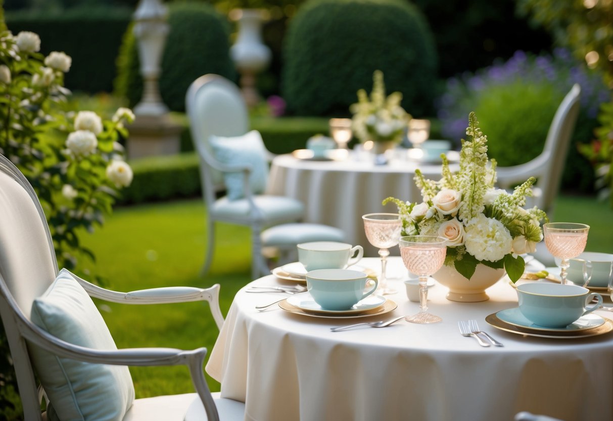A serene and elegant tea party in a garden setting