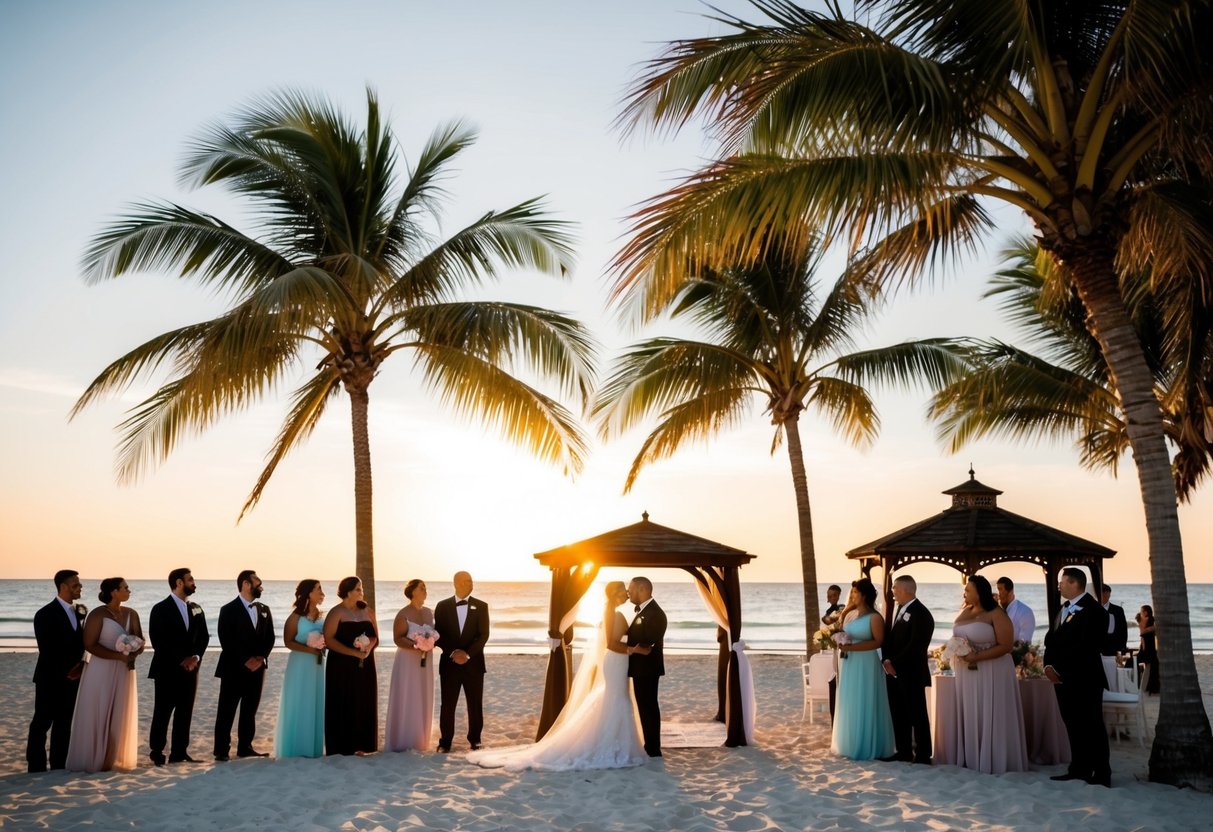 A beach wedding at sunset with palm trees, a gazebo, and guests in formal attire