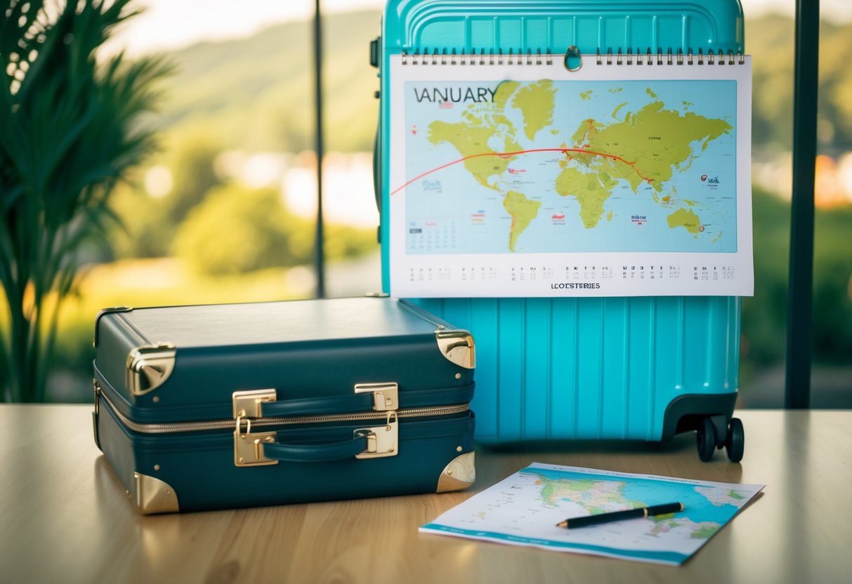 A calendar with dates crossed off, a suitcase half-packed, and a map with destination wedding location circled