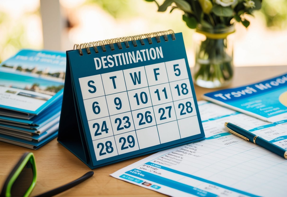 A calendar with dates marked for a destination wedding, surrounded by travel brochures and a budget spreadsheet