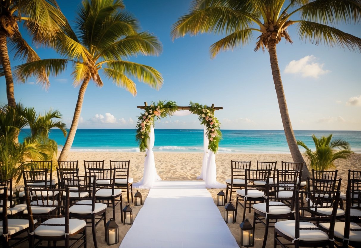 A tropical beach setting with a wedding arch and chairs, surrounded by palm trees and overlooking the ocean