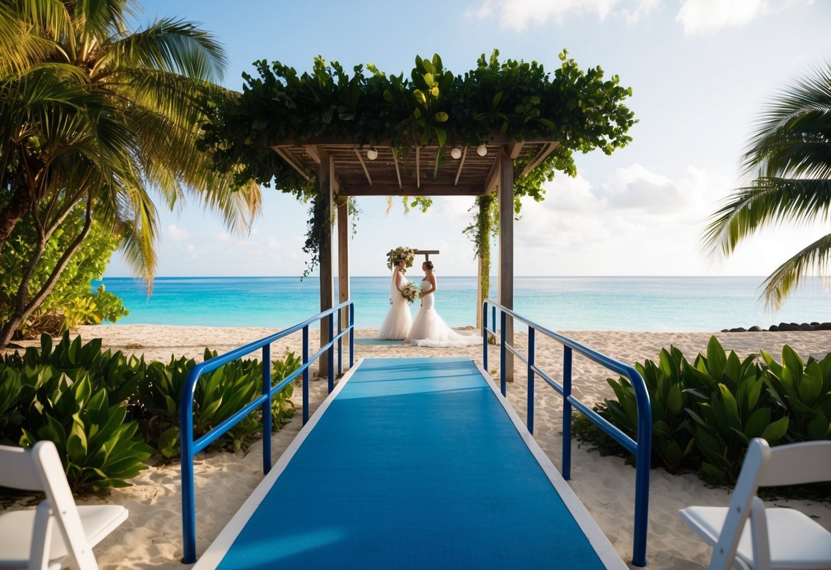 A scenic beach wedding with a wheelchair-accessible ramp leading to the ceremony site, surrounded by lush tropical foliage and clear blue ocean