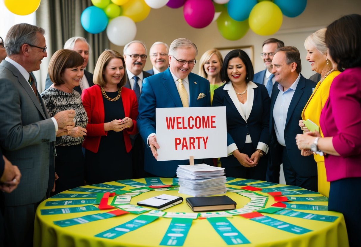 A group of guests gather around a table adorned with colorful decorations and a sign that reads "Welcome Party." A stack of bills and a checkbook sit in the center, indicating the financial contributions made by attendees