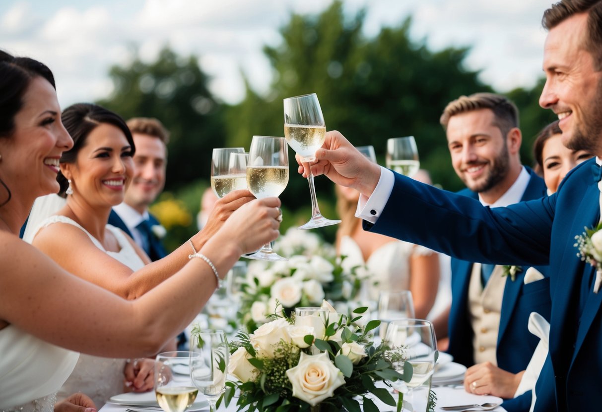 A best man raises a glass in a toast, surrounded by smiling wedding guests
