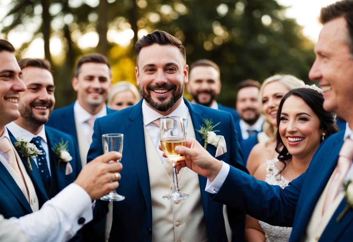 The best man raises a glass, surrounded by smiling faces