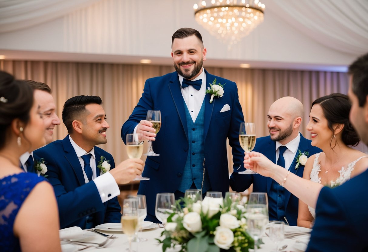The best man raises a toast, acknowledging everyone with a grateful smile