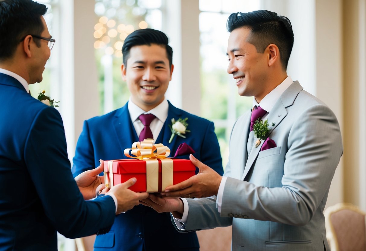 A best man presents a gift to another person in a formal setting