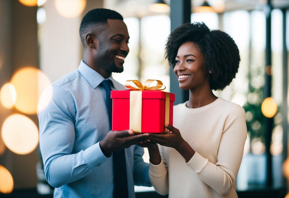 A figure presents a gift to another, both smiling