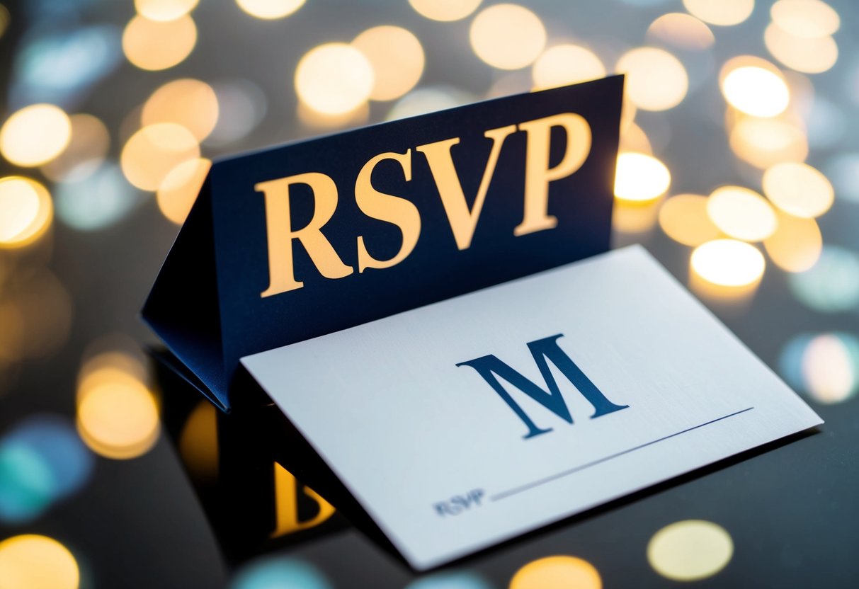 A stylish invitation with "RSVP" prominently displayed, and a blank space for the letter "M" to be filled in
